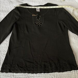 Jones New York Black Long Sleeve Knit Top with Bead Accent